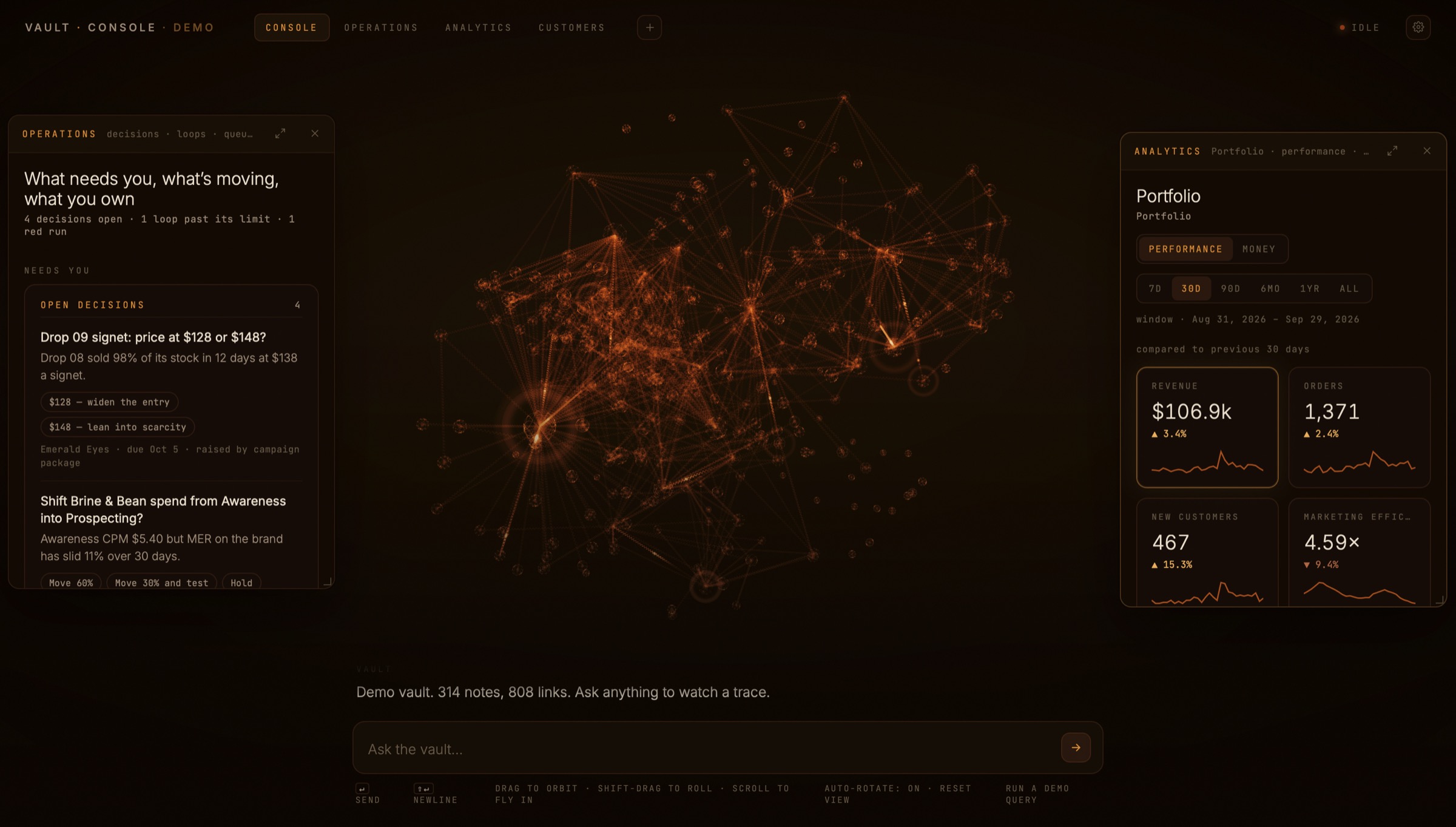 AI operations console with the live vault graph behind the chat bar